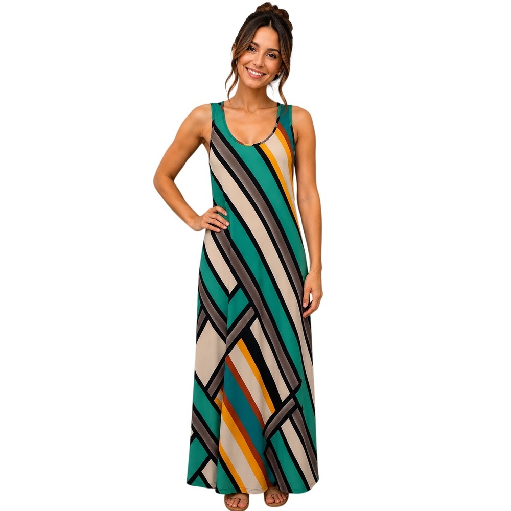 Geometric Stripe Sleeveless Maxi Dress | Teal Boho Resort Style Womens Medium